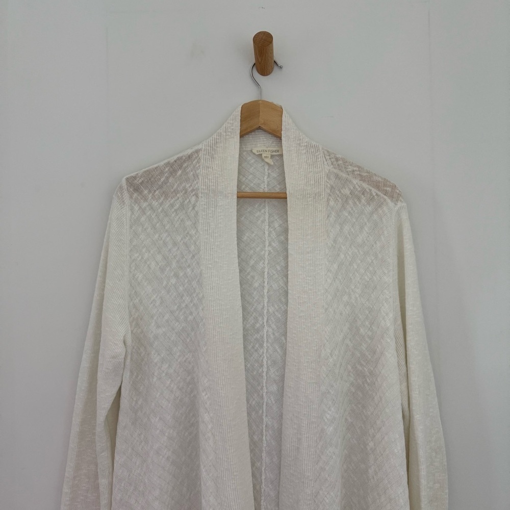Eileen Fisher cream cotton linen open front draped cardigan - Medium - Picture 4 of 8